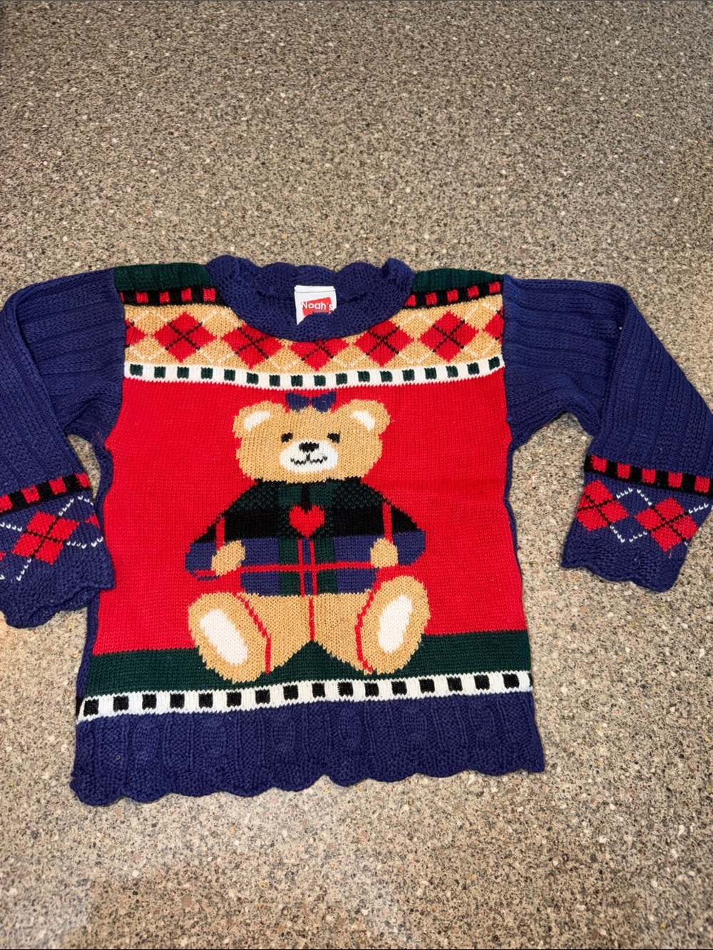Noah’s Ark Vintage Kids Red & Navy Teddy Bear Knit Sweater